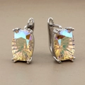 Macro shot of mystic topaz earrings with rainbow crystals in silver prong settings - Silver Style 7