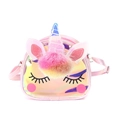 Close-up of holographic unicorn crossbody bag with glitter horn and rainbow pompom - Pink