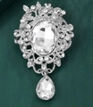 Elegant silver brooch with oval crystal, baroque cutout pattern and teardrop pendant - XD10519 Silver Vintage Pendant