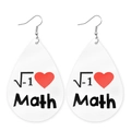 Close-up of teardrop leather earrings featuring Math symbols and red heart design - Math Formula Theme