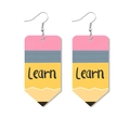 Detail view of pencil-shaped leather earrings with Learn text and vibrant tie-dye colors - Learn Pencil Style