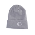 Grey knitted beanie with white embroidered smiley face on the folded ribbed cuff - Light Gray