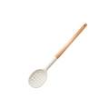 Cream white silicone slotted spoon with natural wood handle for non-stick cookware - Slotted Spoon