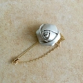 Silver-grey satin rose brooch with gold long pin and decorative chain accessory - Silver Gray