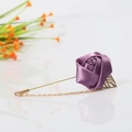 Elegant purple satin rose flower brooch with golden chain and leaf for suit lapel - Taro Purple