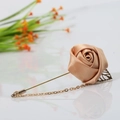 Elegant champagne satin rose brooch with golden leaf and chain for suits and shirts - Champagne Gold