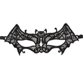 Close-up of black lace eye mask featuring a bat shape and intricate hollow patterns - Bat