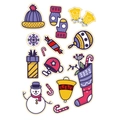 Adesivi natalizi assortiti con pupazzo di neve e icone festive su fondo viola - Adesivo di Natale Serie 4