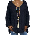 Detail of dark cable-knit hoodie with V-neck hood and layered tassel necklace accessory - S / Black