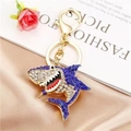 Close-up of ocean shark keychain with blue rhinestones and gold-plated metal hardware - Shark 2 (Blue)