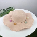 Beige wide-brim straw hat with wavy edges and colorful macaron flower charms - Adult M / Light Pink