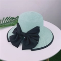 Mint green straw beach hat with a large black bow and ribbon trim for summer protection - Adjustable M (56-58cm) / Aqua Green