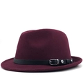 Detail of the deep wine red wool felt fedora with a black leather band and silver buckle - M (56-58cm) / Burgundy