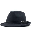 Close-up of black wool fedora featuring a sleek leather belt and silver metal buckle detail - M (56-58cm) / Dark Gray