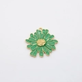 Detail of green enamel daisy charm with gold plated edges and center for DIY jewelry - Green