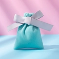 Sky blue velvet drawstring jewelry pouch featuring a decorative light purple satin bow - Green And Gray Ribbon; 10*12
