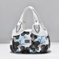 Floral print tote bag with white faux leather handles and silver metal hardware - White Dreamy Blue Flower