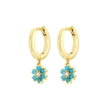 Macro detail of gold flower hoop earrings featuring turquoise stones and a zircon center - Gold with Turquoise Flower Drop Earring