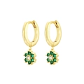 Elegant gold hoop earrings with green zircon flower charms on a clean white background - Gold with Green Flower Drop Earring