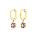 French vintage gold hoop earrings with purple gemstone flower charms and white center - Gold with Purple Flower Drop Earring