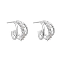 Detail of silver triple-hoop stud earrings featuring pavé-set cubic zirconia accents - Triple Ring Mirror Studs / Silver White