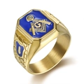 Men's gold plated stainless steel Freemason ring with blue enamel and G symbol - US 7 / Gold