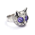 Vintage silver cat head ring featuring striking purple gemstone eyes on a white background - US 6 / Steel Color Purple Gemstone