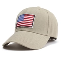 Khaki cotton baseball cap featuring an embroidered American flag patch on a curved brim - US Flag Khaki