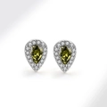 Close-up of pear-shaped olive green zircon earrings with silver halos on white background - 925 Silver / Peridot Green (August)