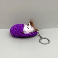 Close-up of cute sleeping cat plush in a purple knitted pouch keychain attachment - Purple