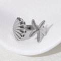 Silver starfish and seashell open adjustable ring in minimalist summer ocean style - Adjustable / Steel