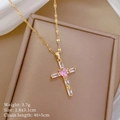 Macro detail of gold cross pendant with pink heart crystal and specifications - Pink Heart Cross Style (B226)