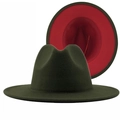Classic wide brim fedora hat with dark green exterior and contrasting red lining - M (56-58cm) / Green and Red Color Block / Green