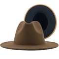 Close-up detail of a two-tone brown and black wool felt fedora hat with a flat brim - Khaki