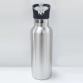Macro detail of silver stainless steel water bottle with black lid and clear straw - Stainless Steel Silver