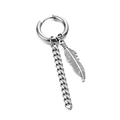 Detail view of silver punk hoop earring featuring a hanging feather charm and curb chain - Silver Feather Hoop Earring (Single Piece)