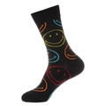 Black cotton blend crew socks featuring colorful minimalist smiley face patterns - 942
