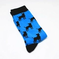 Detailed close-up of blue crew socks with black dog silhouette patterns and cotton blend texture - One Size / Pixel Dog Silhouette (A153)