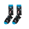 Detailed macro view of black crew socks with colorful space satellites and rockets patterns - A1355-Spacecraft