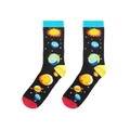 Detailed close-up of crew socks featuring colorful cartoon planets on a black cotton base - A1356-Colorful Planets