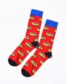 Detailansicht roter Baumwollsocken mit gelben Kleinbussen und blauen Rippbündchen - A288-Roter Oldtimer Bus