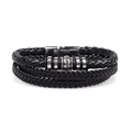 Primer plano de una pulsera de cuero negro trenzado multicapa con cuentas de metal - Cuero Negro + Anillos Color Acero