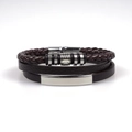 Detail of multi-layer brown braided leather bracelet with silver alloy magnetic clasp - Coffee