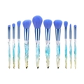Detailed row of 11 blue crystal makeup brushes with gradient handles on white background - 10Pcs Crystal Blue Handle Blue Bristles