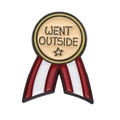 Enamel medal brooch featuring Went Outside text and red white striped ribbon decoration - Went Outside Star Style (xz8870)