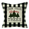 Christmas linen pillowcase with green trees and black-white buffalo plaid border - Style 14-B&W Plaid Tree