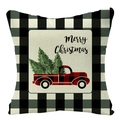 Linen Christmas pillow cover with buffalo check border and red truck holiday design - Style 15-B&W Plaid Truck