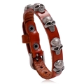 Brown leather skull bracelet with silver metal studs and adjustable buckle strap - Tan