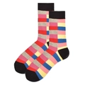 Men's colorful patchwork plaid cotton socks with red pink grey blue and yellow patterns - One Size / Colorful Patchwork Plaid (2035C)