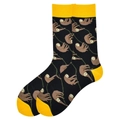 Men's cotton crew socks featuring black base with brown sloth pattern and yellow accents - 38-46 / Sloth on Vine Pattern (128B)